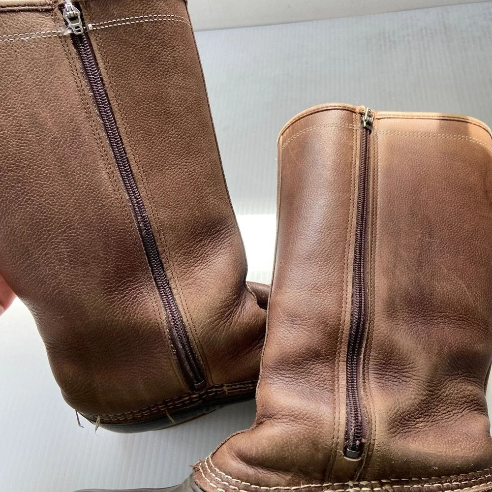 LL Bean Shearling Lined Tall Bean Boots Brown Leather Rubber Side Zip Womens 9